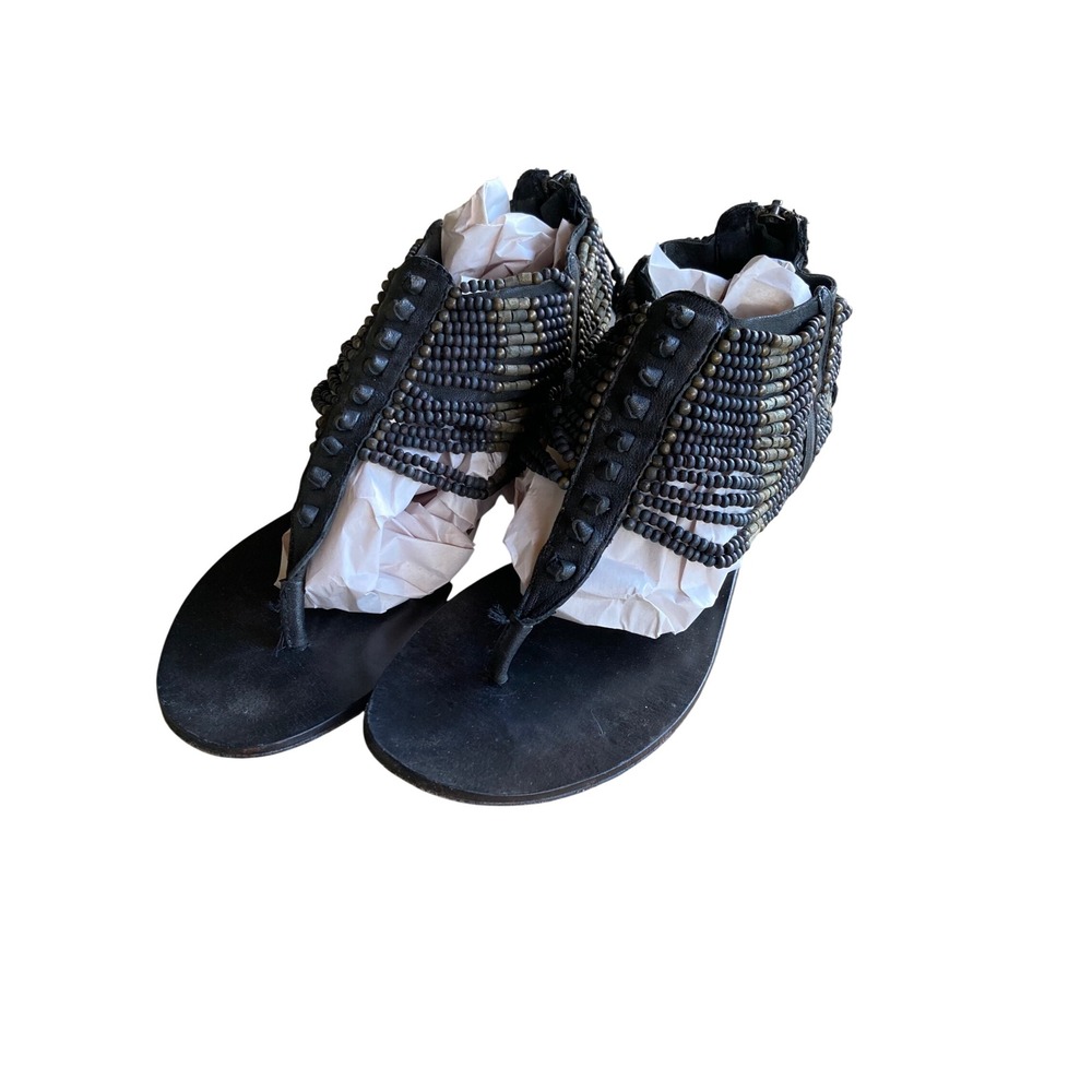 ASH Black Leather Beaded Gladiator Sandals Studded T-Strap Flat Size 40 Boho